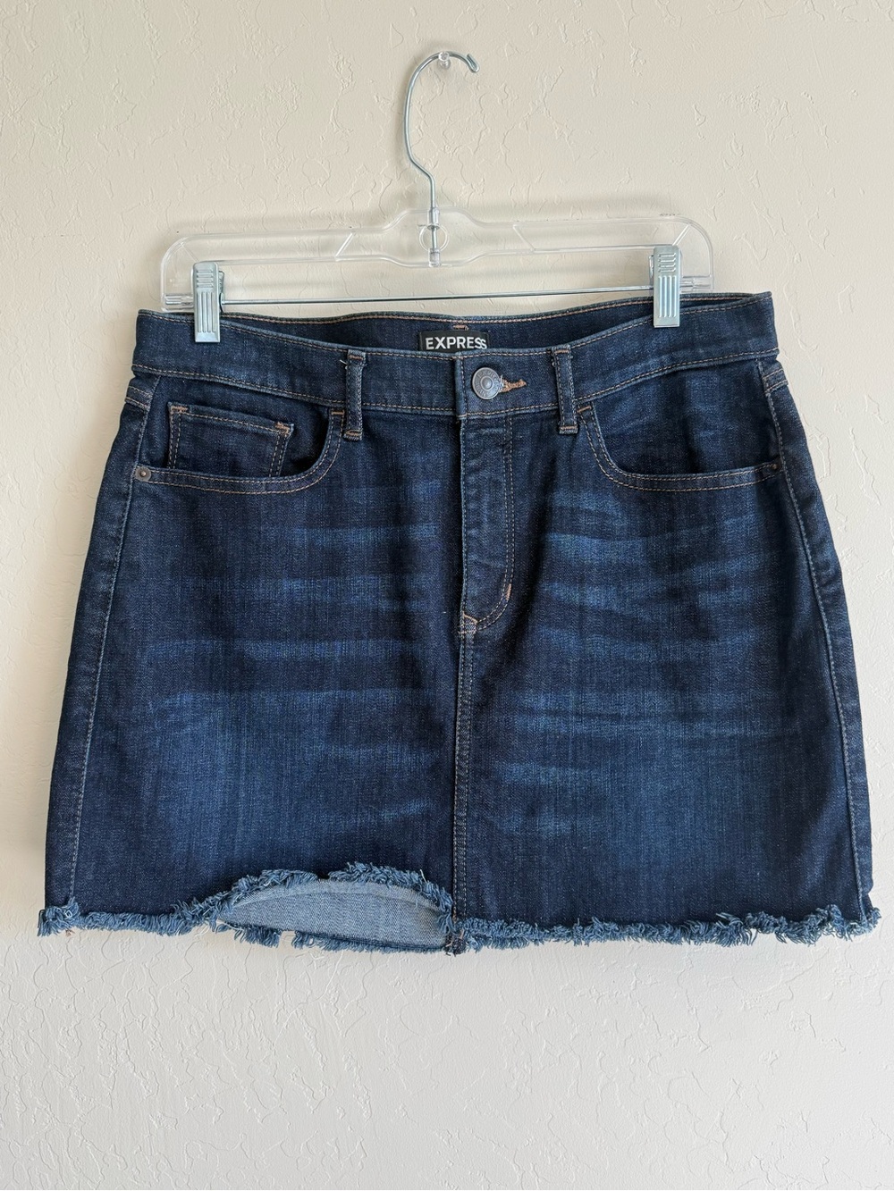 Express Dark Blue Denim Mini Skirt with Frayed Hem #P291